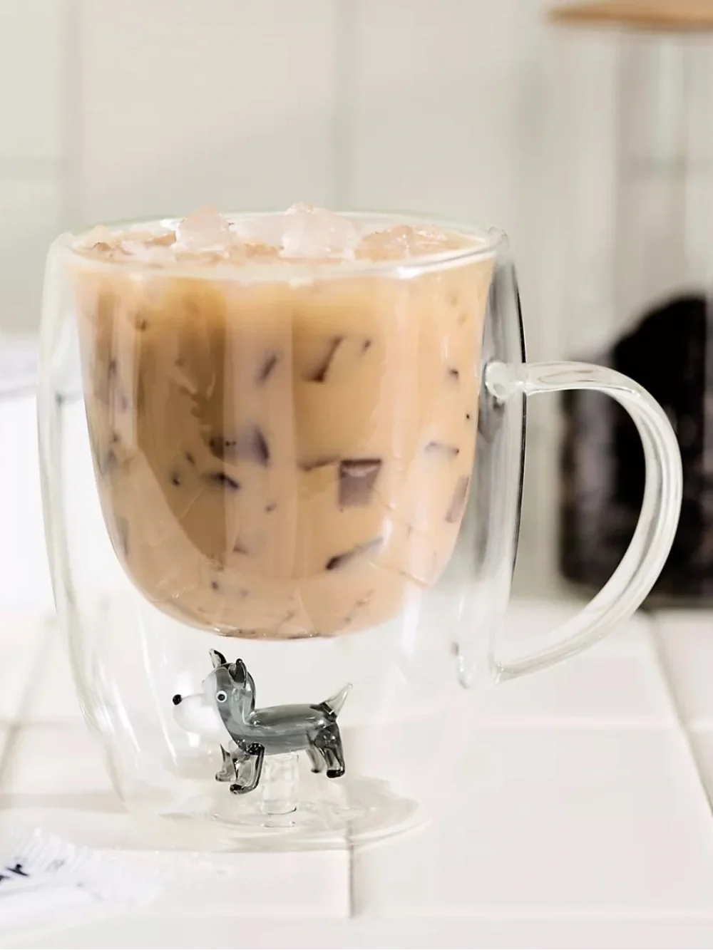 Double-Wall Glass Dog Mug - black and white dog